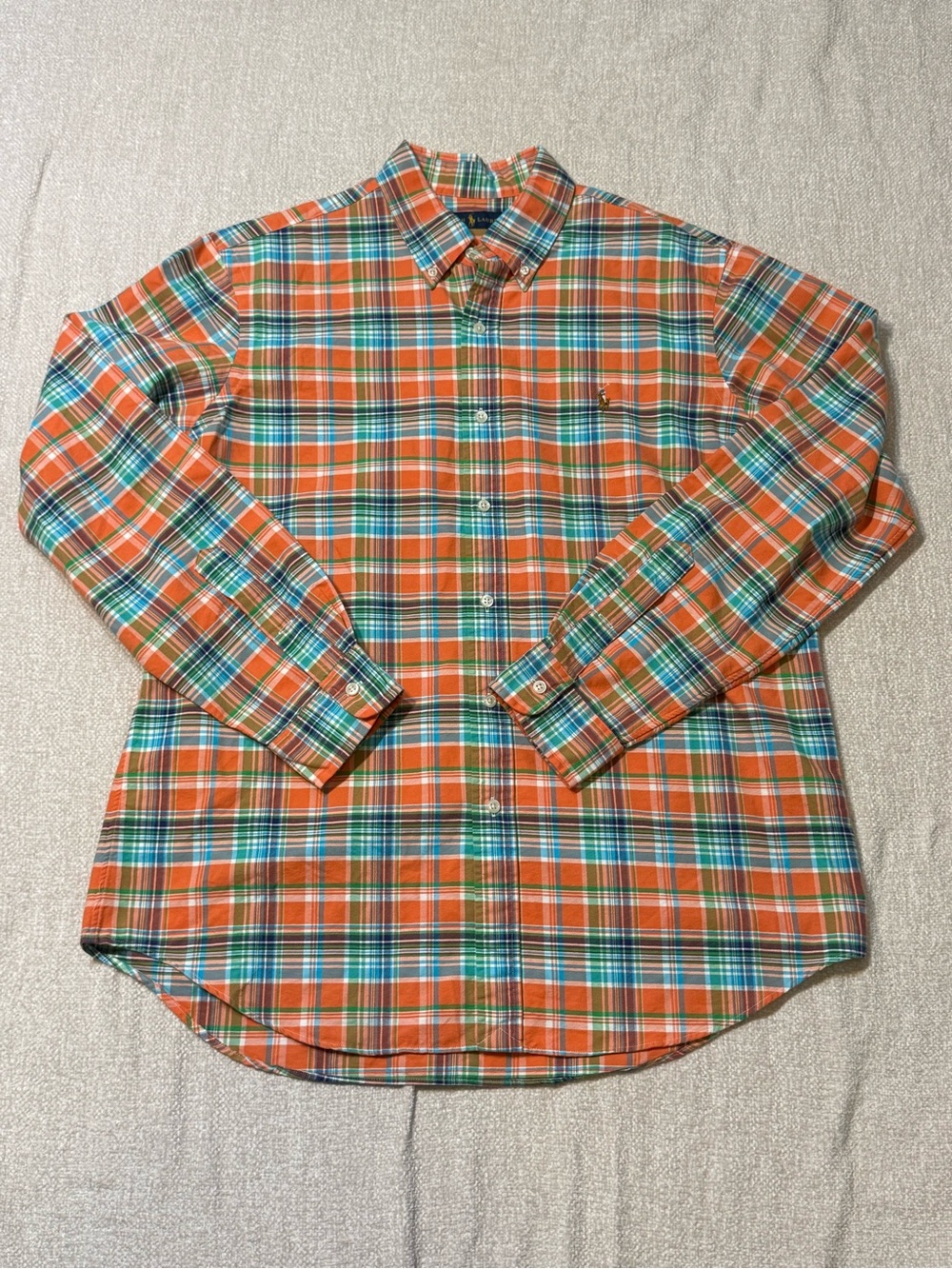 Ralph Lauren Plaid Shirt Mens L Orange Blue Green Preppy Old Money Oxford